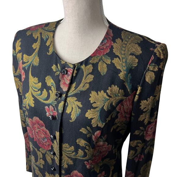 Vintage Virgo II Floral Jacquard Dress Black Gold Red Roses Puff Shoulder Sz 12 - Picture 2 of 13